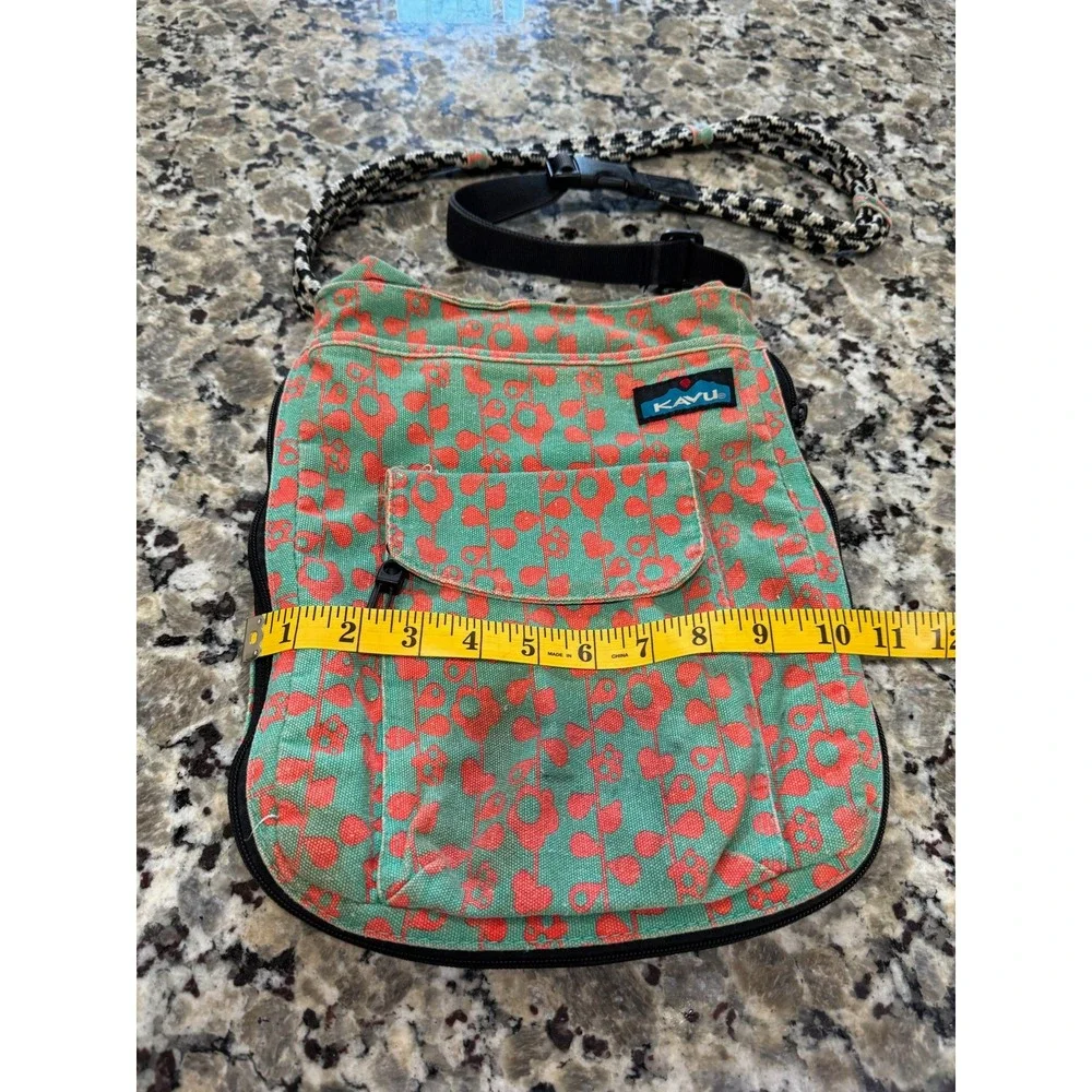 KAVU Keeper Teal Coral Floral Canvas Crossbody Bag Rope Strap Slim Travel Pouch